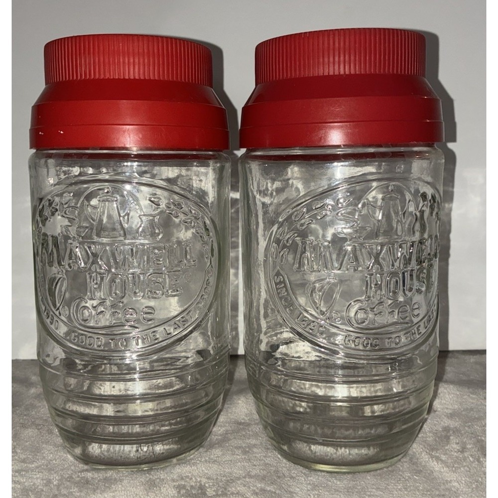 Vintage Maxwell House Coffee Glass Jar Anchor Hocking Canister Red Lid Lot Of 2